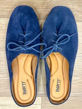 Born Bianca Suede Comfort Slip On Mule Flats Blue Lace Up Clogs Size 9